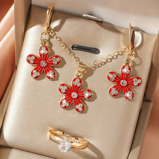 Blütenzauber in Rot: Elegantes Schmuck-Set