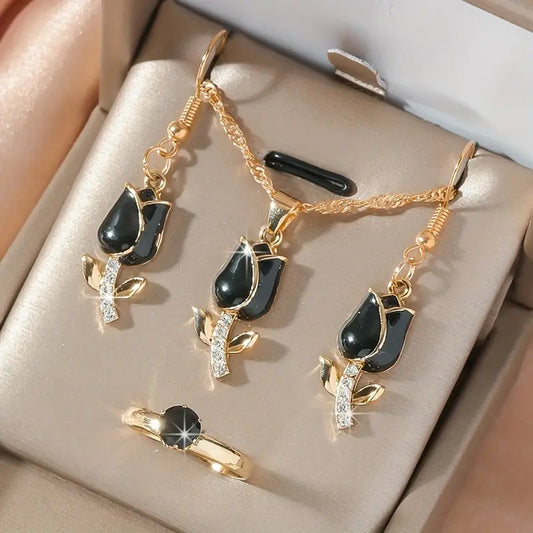 Schwarze Eleganz: Edles Rosen-Schmuckset